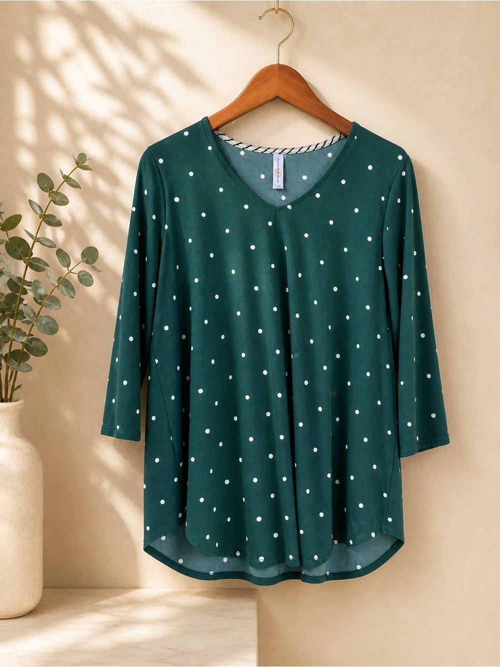 Discovery Diva Polka Dot Top Green V Neck 3/4 Sleeve Boutique